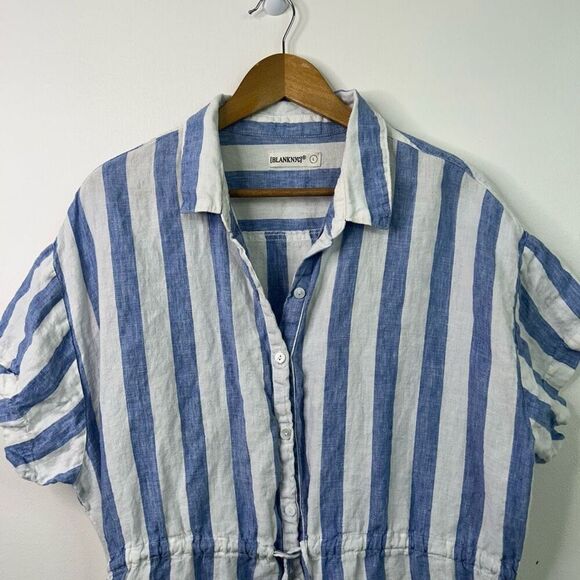 Blank NYC Linen Button Front Shirt Dress L Blue White Stripe Preppy Nautical - Picture 2 of 12